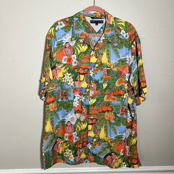 Vintage Y2K Tommy Hilfiger Floral Hawaiian Button Up Shirt Size XL Rayon Surf - Picture 1 of 9